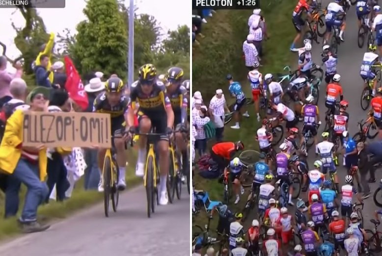 Idiot with Sign Steps into Road and Causes Huge Pile-Up at Tour de France Then Flees the Scene — Organizers Vow to Sue Her When She is Caught (VIDEO)