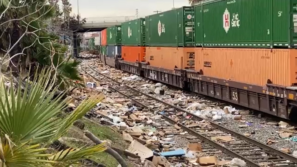Image: Shocking photos show sea of discarded boxes from train robberies as thieves steal items bound for consumers, worsening supply chain crisis