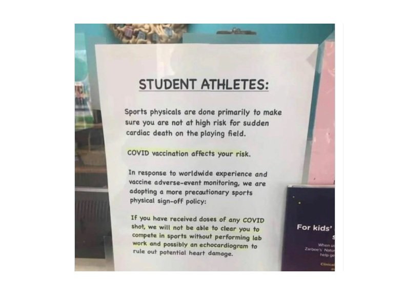 Sign at Virginia Pediatrics Office to Student Athletes:  “COVID Vaccination Affects Your Heart – If You Received Doses of Any COVID Shot”  We Will Not Clear You “Without Lab Work”