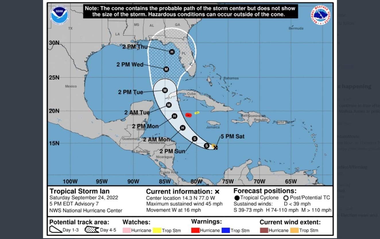 Hurricane Ian Now Expected to Hit Florida Gulf Coast Midweek – Governor DeSantis Declares State of Emergency